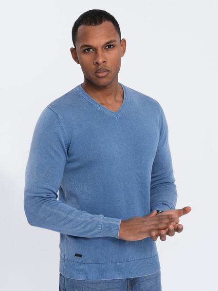 Ombre Clothing Modrý pánský basic svetr s véčkovým výstřihem Ombre Clothing