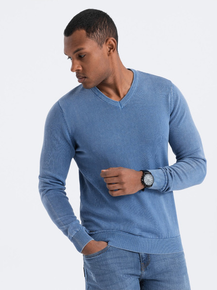 Ombre Clothing Modrý pánský basic svetr s véčkovým výstřihem Ombre Clothing