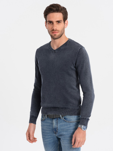 Ombre Clothing Tmavě modrý pánský basic svetr s véčkovým výstřihem Ombre Clothing