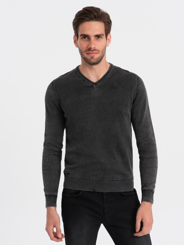 Ombre Clothing Černý pánský basic svetr s véčkovým výstřihem Ombre Clothing