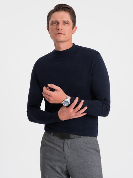 Ombre Clothing Tmavě modrý pánský basic svetr se stojáčkem Ombre Clothing
