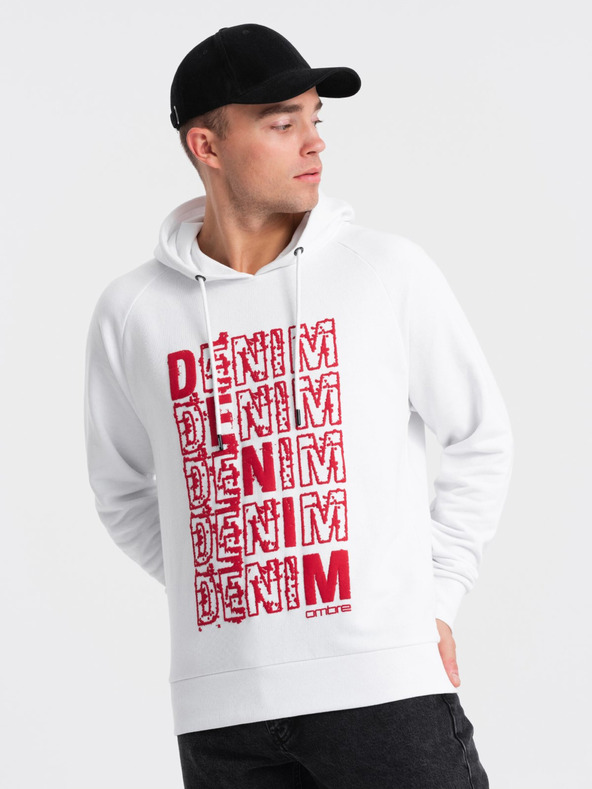 Ombre Clothing Červeno-bílá pánská mikina s kapucí a potiskem Ombre Clothing