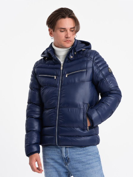 Ombre Clothing Tmavě modrá pánská prošívaná zimní bunda Ombre Clothing