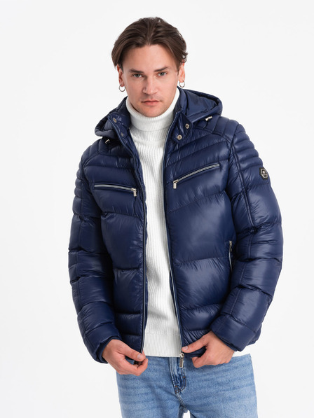 Ombre Clothing Tmavě modrá pánská prošívaná zimní bunda Ombre Clothing