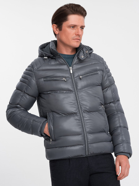 Ombre Clothing Šedá pánská prošívaná zimní bunda Ombre Clothing