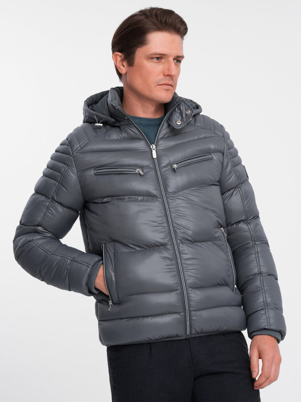 Ombre Clothing Šedá pánská prošívaná zimní bunda Ombre Clothing