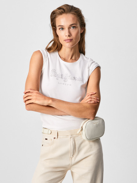 Pepe Jeans Bílé dámské tričko s ozdobnými kamínky Pepe Jeans Beatrice