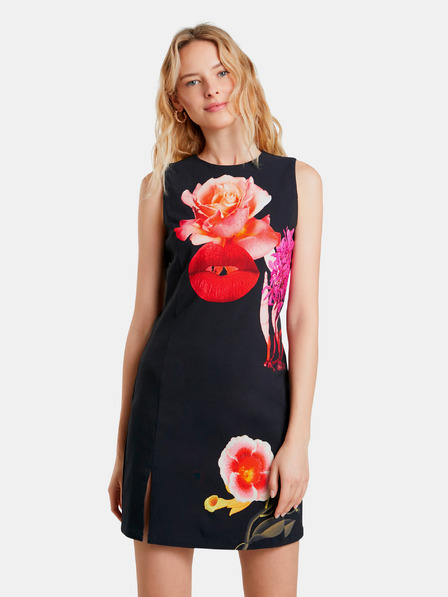 Desigual Tmavě modré dámské květované pouzdrové šaty Desigual Lips