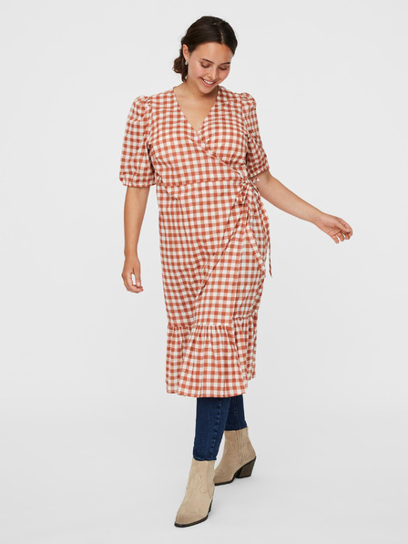 Vero Moda Curve Hnědé kostkované zavinovací šaty VERO MODA CURVE Tamitta