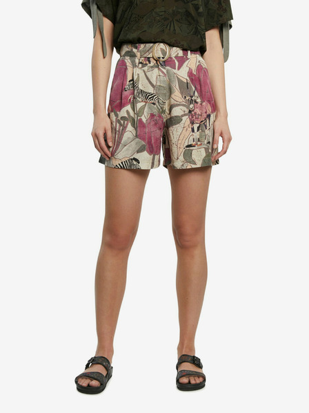 Desigual Khaki kraťasy s barevným tropickým vzorem Pant Etnican
