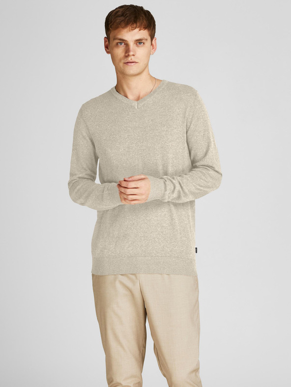 Jack & Jones Béžový pánský žíhaný basic svetr Jack & Jones Emil