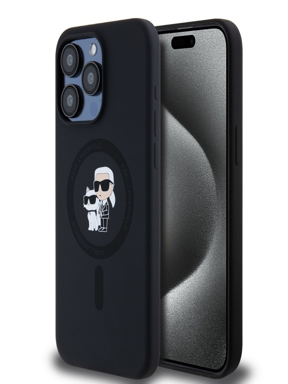 Karl Lagerfeld Liquid Silicone Karl and Choupette Magsafe Zadní Kryt pro iPhone 15 Pro Max Black Karl Lagerfeld