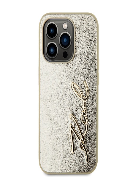 Karl Lagerfeld Wrinkled PU Signature Logo Zadní Kryt pro iPhone 15 Pro Gold Karl Lagerfeld